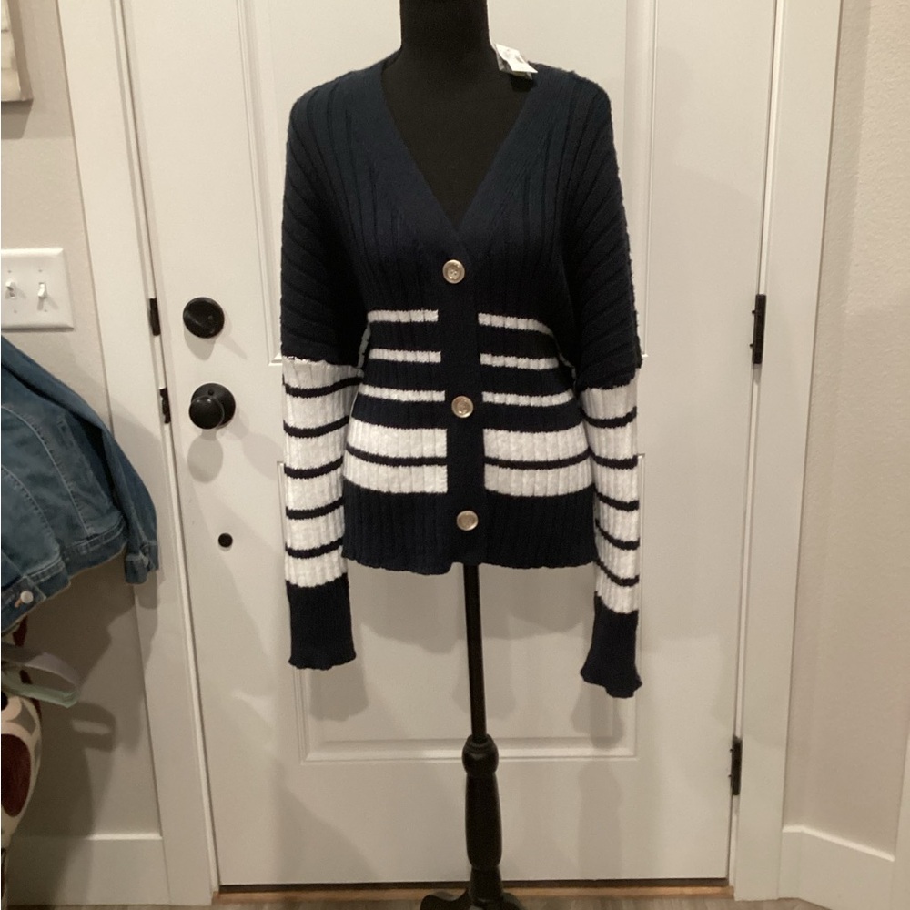 Navy and White Striped Women's Sweater